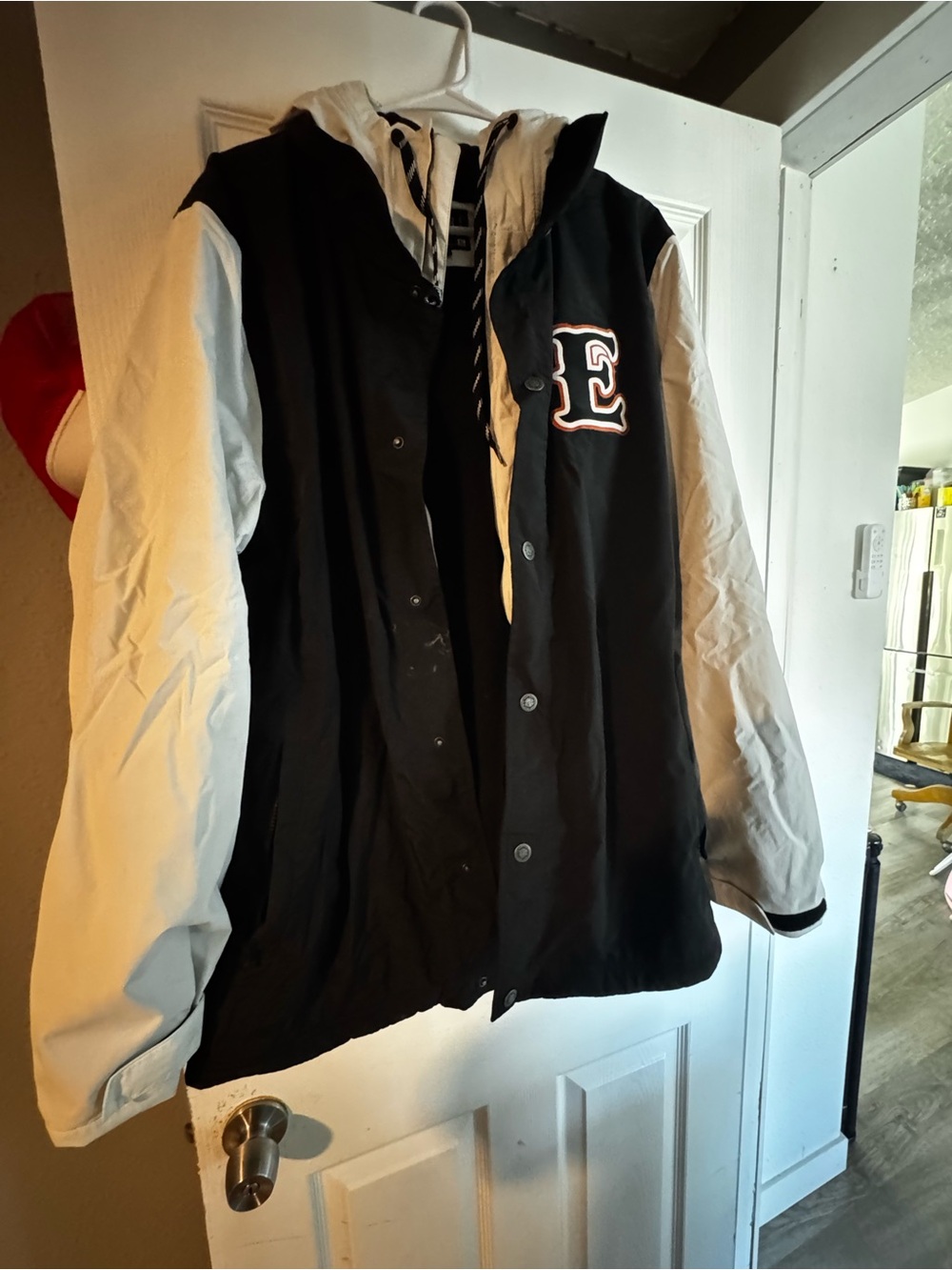 Empyre Black and White Hooded Varsity Jacket with E Patch